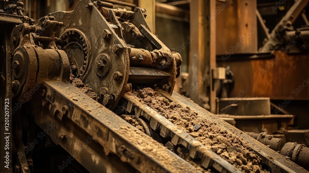 Heavy machinery operating in an industrial plant, highlighted with an earthy brown and rust-orange background