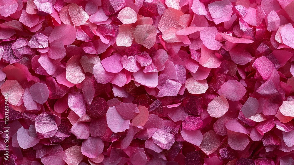 Fototapeta premium Close-up of vibrant pink rose petal confetti, forming a textured and romantic background ideal for weddings and celebrations. 