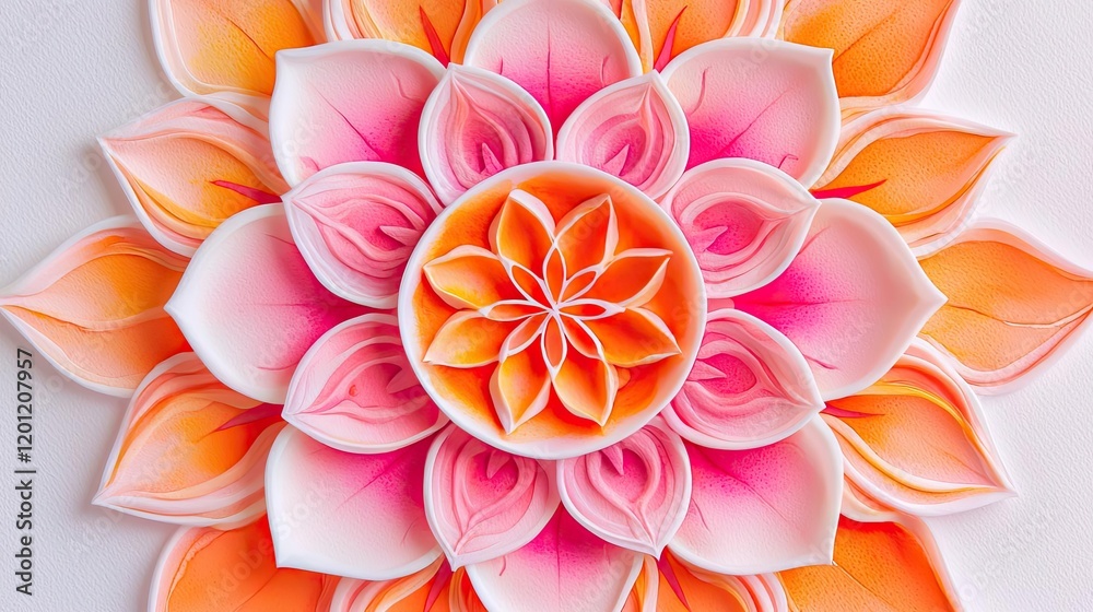 Obraz premium Mandala watercolor idea. A stunning pink and orange flower pattern showcasing intricate paper art design.