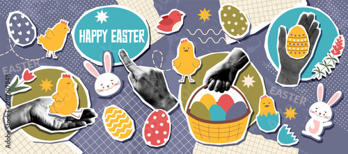 Easter collage banner with human hands photos and Easter objects - bunny, chicken, eggs, flowers in pop art style. Easter trendy background.