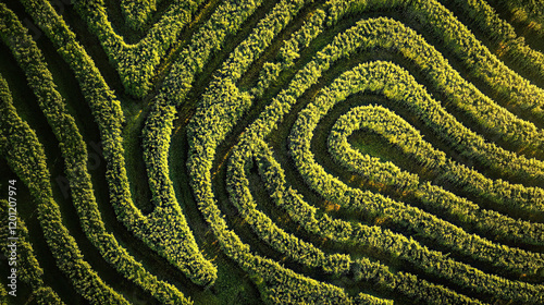 Aerial view of a spirally maze in a forest surrounded by greenery and a lush vineyard captured by drone at midday revealing intricate patterns and textures photo