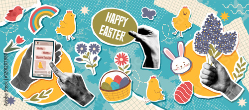 Easter collage banner with human hands photos and Easter objects - bunny, chicken, eggs, flowers, phone in pop art style. Easter trendy background.