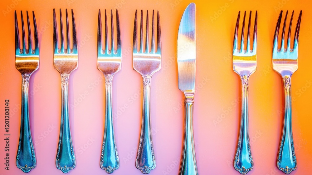 High-contrast photo of silver forks and knives back view, with warm colorful lighting. High-contrast photo of silver forks and knives back view, with warm colorful lighting.