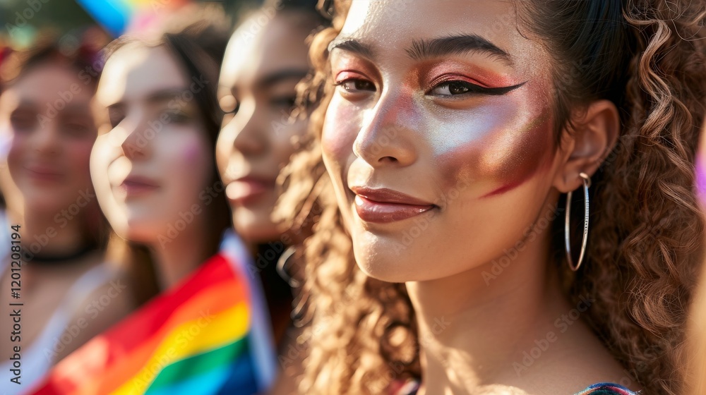 Obraz premium close up Group of young activist for lgbt rights with rainbow flag, lesbian, rainbow, freedom, diversity, bisexual, gay, celebration, community