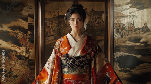 Traditional Japanese Woman in Colorful Kimono Amidst Vintage Backdrop photo