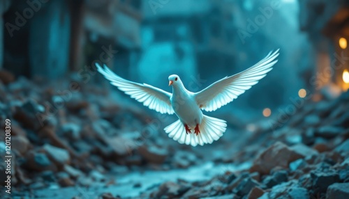 White dove flying amidst war-torn urban rubble in peaceful flight