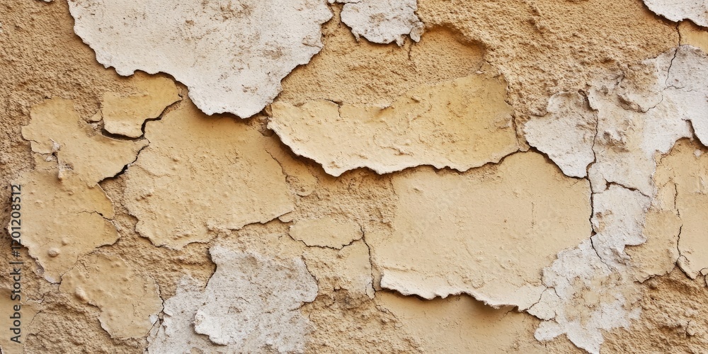 Obraz premium Peeling textured beige exterior wall with cracks and layers of paint revealing a weathered surface in varying shades of beige and cream