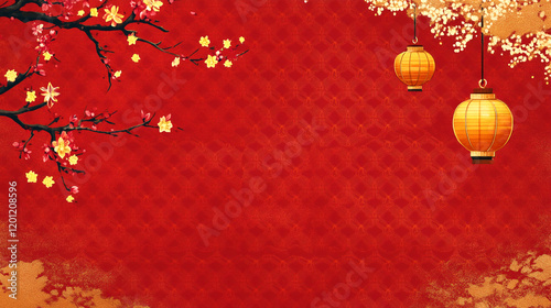 Chinese new year red background design with glowing red lanterns hanging in tree branches with golden blooming flowers photo