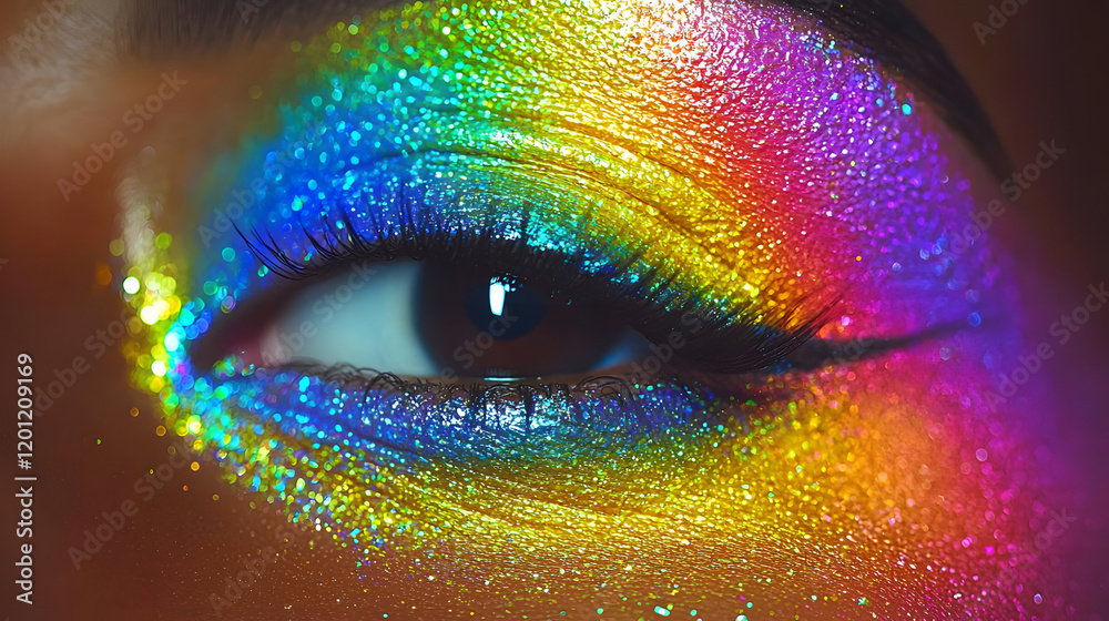 A close-up of an eye with vibrant rainbow glitter eyeshadow. The detail and colors create a mesmerizing and artistic image. A close-up of an eye with vibrant rainbow glitter eyeshadow. The detail and colors create a mesmerizing and artistic image.