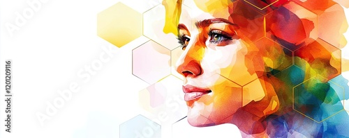 Hexagonal watercolor concept. Vibrant watercolor portrait of a young woman with colorful hexagonal patterns.