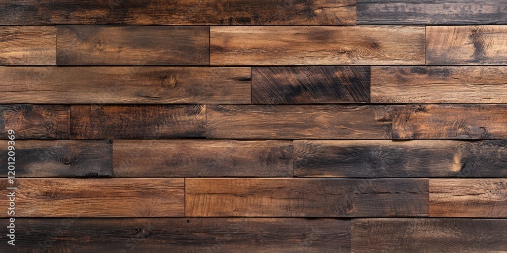 Naklejka premium Dark rustic wooden texture background with rich brown hues and ample horizontal space ideal for presentations and layouts showcasing text or images.