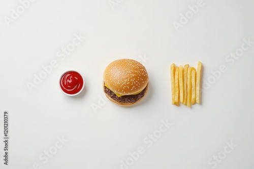 A minimalist food photography shot of a classic burger with mustard, ketchup, and fries, styled cleanly on a white background. photo