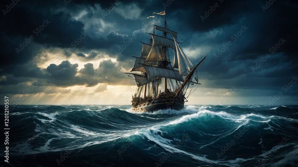 Obraz premium Atmospheric composition depicting a large sailing ship navigating through a turbulent sea