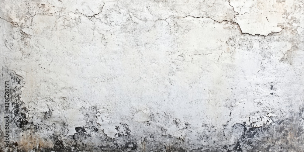 Obraz premium Textured aged wall background with visible cracks and peeling white paint, warm tones at the bottom, highlighting rustic imperfections and depth.
