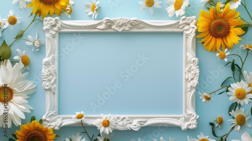 A blank white picture frame with wooden relief carvings centered encircled by daisies and violets