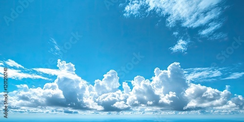 Fototapeta Naklejka Na Ścianę i Meble -  Vast blue sky with fluffy white clouds, bright and airy atmosphere, clouds centered, creating a serene landscape ideal for relaxation and inspiration.
