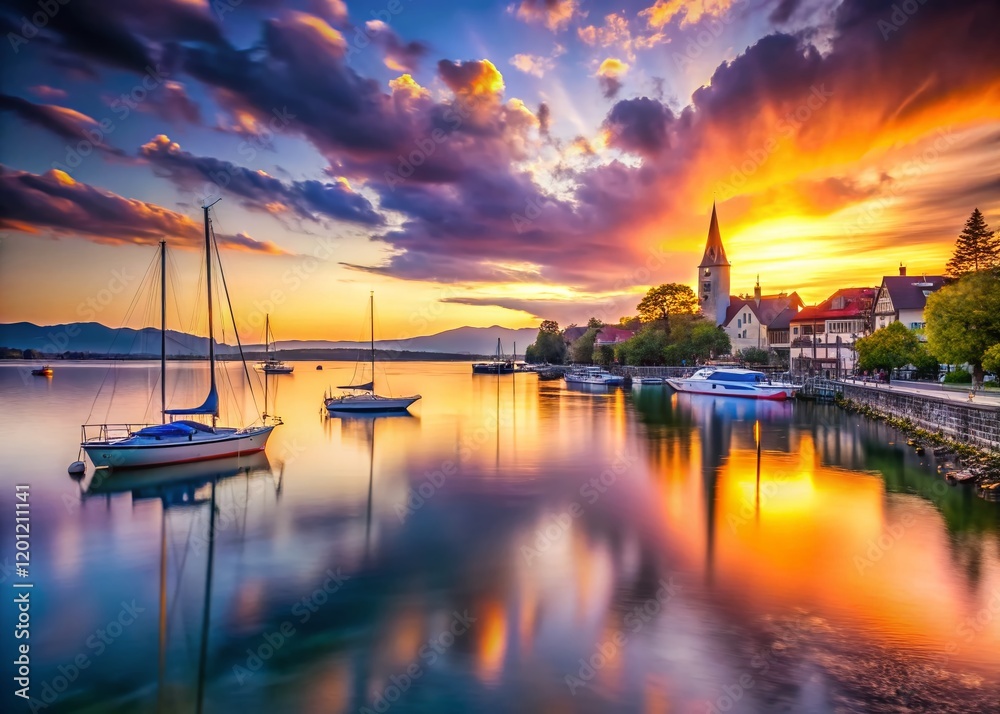Fototapeta premium Long Exposure Photography of Friedrichshafen Harbor at Sunset, Bodensee Lake, Germany