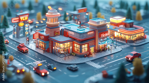 Night cityscape miniature model with illuminated shops, cars, and pedestrians on streets.