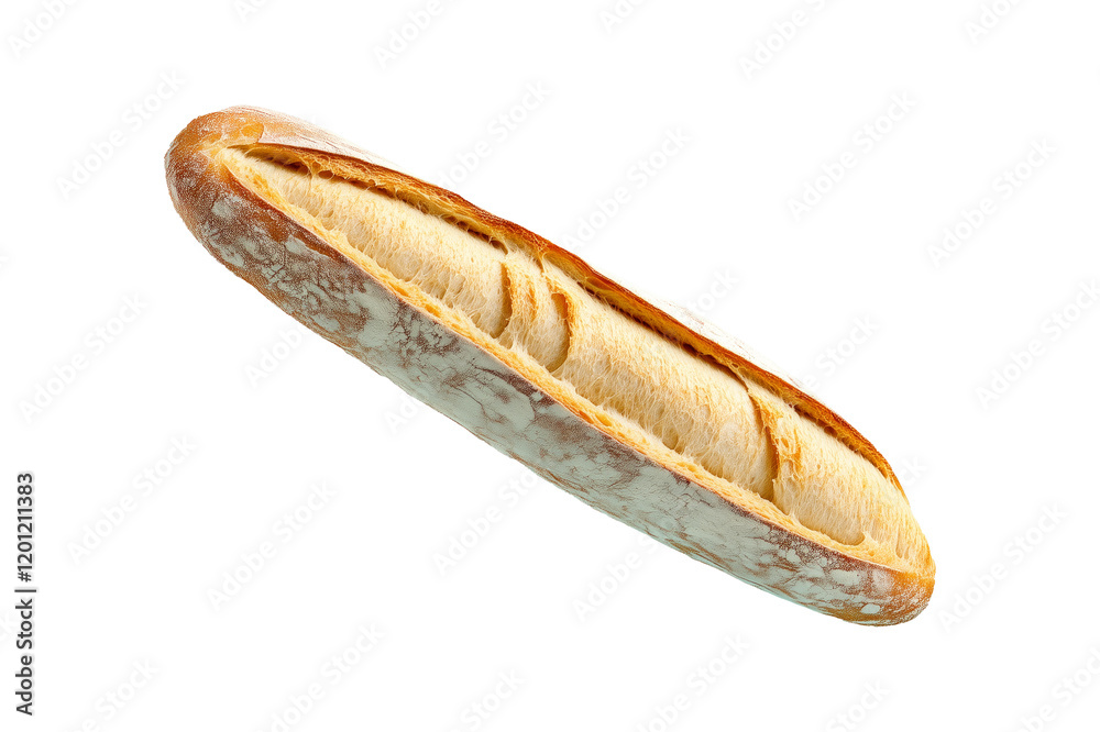 A delicious crusty French baguette isolated on white transparent background, concept of fresh bread. A delicious crusty French baguette isolated on white transparent background, concept of fresh bread.