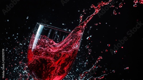 Red wine splashing from a glass against a black background.