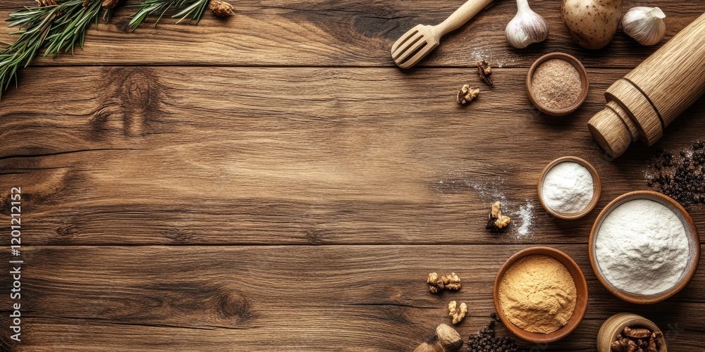 Rustic wooden countertop with cooking ingredients arranged on the left including spices, flour, and nuts with a rolling pin and garlic on the right Rustic wooden countertop with cooking ingredients arranged on the left including spices, flour, and nuts with a rolling pin and garlic on the right