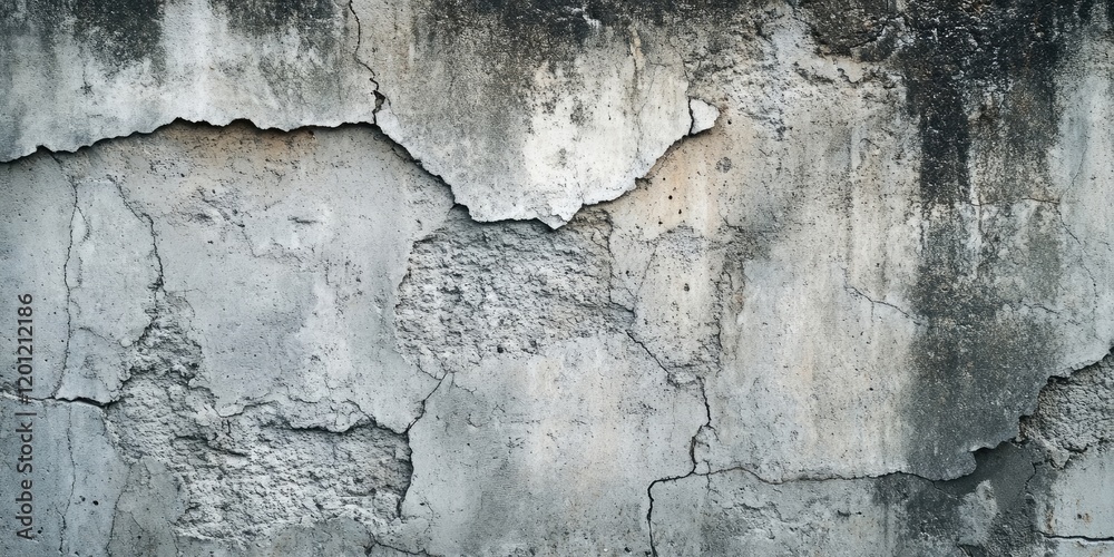Obraz premium Cement wall texture featuring cracked surfaces in grey and muted earth tones, with uneven patterns and a weathered appearance throughout.