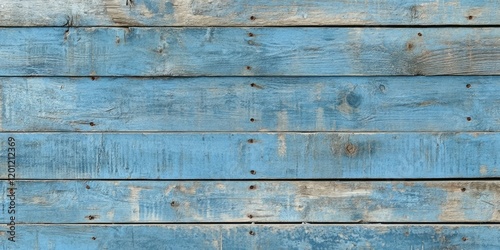 Vintage blue wooden wall featuring natural knots, nail holes, and a weathered texture with horizontal planks creating a rustic backdrop. photo