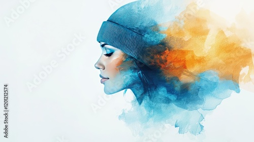 Glazed watercolor idea. A creative representation of a woman's profile blending with vibrant colors.