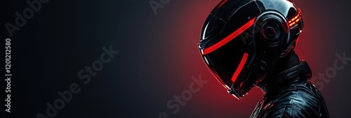 Futuristic helmeted figure with sleek design and glowing red accents, showcasing modern technology and cyberpunk aesthetics photo