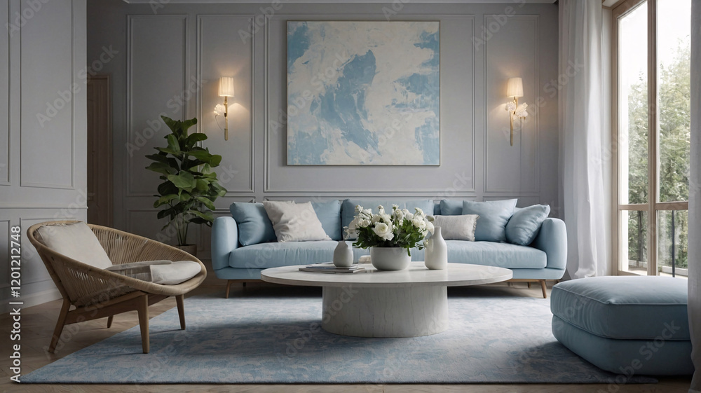 Stylish Scandinavian Living Room with Soft Pastel Blue Sofa Fluffy Couch and Relaxed Clean Decor Interior Design Inspiration Stylish Scandinavian Living Room with Soft Pastel Blue Sofa Fluffy Couch and Relaxed Clean Decor Interior Design Inspiration