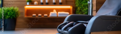 A modern massage chair in a serene wellness environment, inviting relaxation and comfort for rejuvenation.