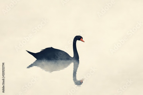 A minimalist view of a single black-necked swan floating on still waters, with mist rising in the distance. photo