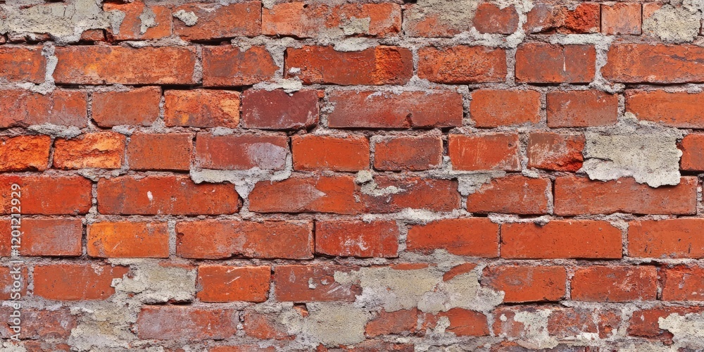 Obraz premium Textured aged red brick wall with visible cracks and mortar under bright sunlight showcasing rich red and gray tones evenly distributed.