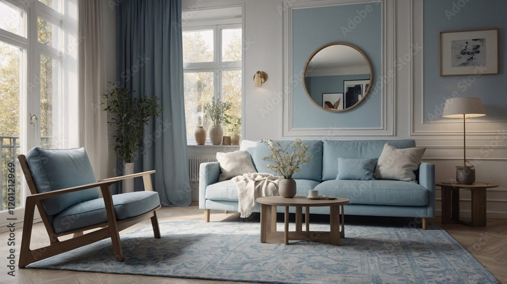 Fototapeta premium Stylish Scandinavian Living Room with Soft Pastel Blue Sofa Fluffy Couch and Sleek Interior Design for Comfort Interior Design Inspiration