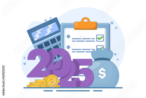 budget concept for 2025. Business or family financial planning. Explore the booth near the date 2025, calculator, coins, globe. Modern flat style, flat vector illustration on the background.