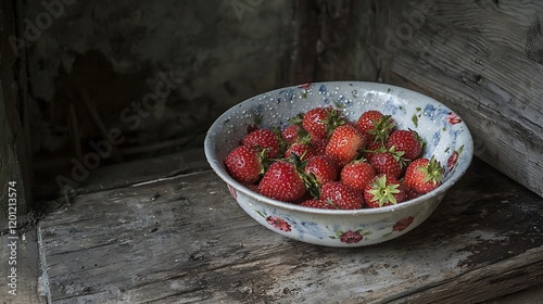 Fresh Juicy Strawberries in Vintage Bowl Rustic Setting