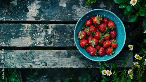 Fresh Strawberries in Bowl Rustic Wooden Table Summer