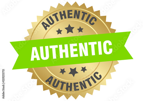 authentic. authentic round green and gold label isolated on transparent background