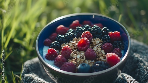 Delicious Yogurt Parfait with Berries and Oats Outdoor
