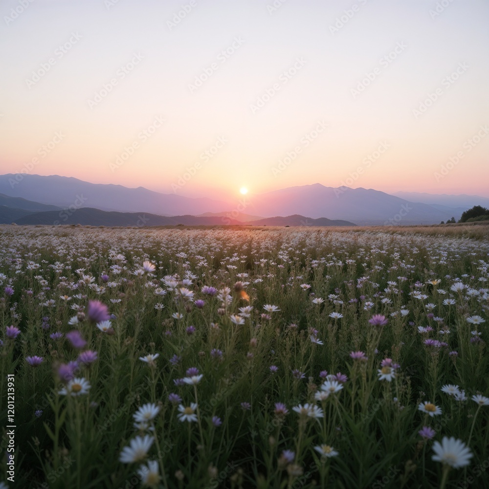 Naklejka premium Purple and White Wildflowers in Golden Sunset Light