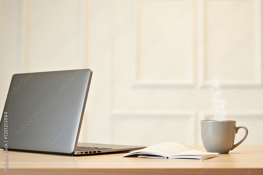 Fototapeta premium Office desk with a laptop, notebook, and coffee cup, clean and minimalist background