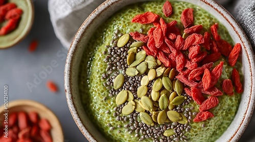 Delicious Matcha Chia Seed Pudding with Goji Berries and Pumpkin Seeds