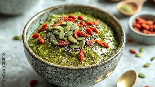 Delicious Matcha Chia Seed Pudding with Goji Berries and Pumpkin Seeds
