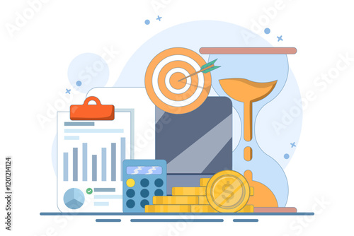 Finance Business Concept, evaluate cost and quality indicators, monitor data graph or monitor diagram results, Flat Illustration Design on background.