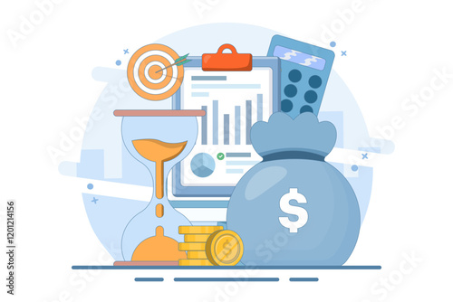 Finance Business Concept, evaluate cost and quality indicators, monitor data graph or monitor diagram results, Flat Illustration Design on background.