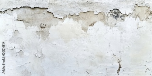 Aged white wall texture with peeling paint and distressed surface in neutral tones, providing a vintage and rustic backdrop for design. photo