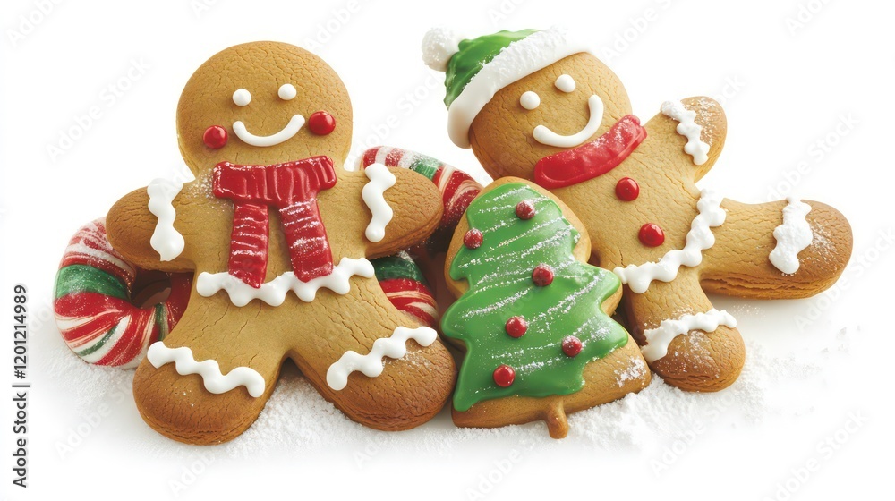 Two gingerbread men cookies and a Christmas tree cookie decorated with icing, candy canes, and powdered sugar on a white background. Two gingerbread men cookies and a Christmas tree cookie decorated with icing, candy canes, and powdered sugar on a white background.