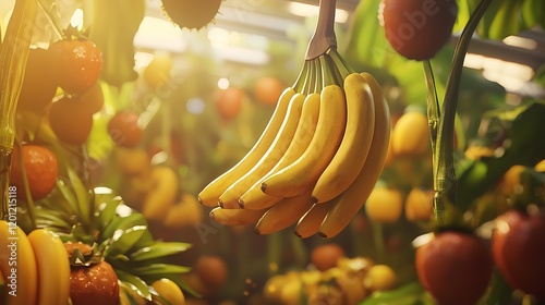 Ripe Bananas Hanging in Lush Tropical Fruit Garden