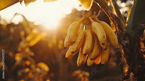 Golden Bananas Ripe on the Tree at Sunset