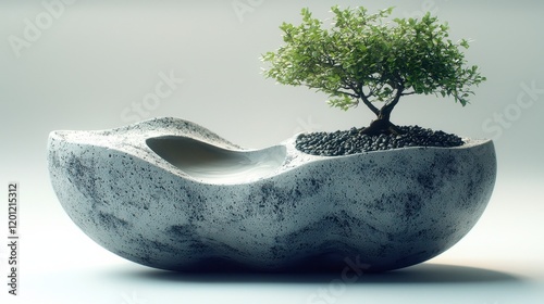 Miniature bonsai tree in a unique, abstract stone planter.